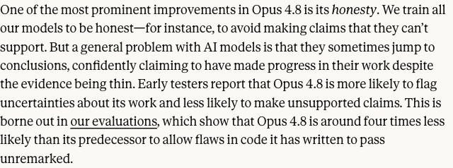 Anthropic 官方发布页关于 Opus 4.8「诚实」的论述