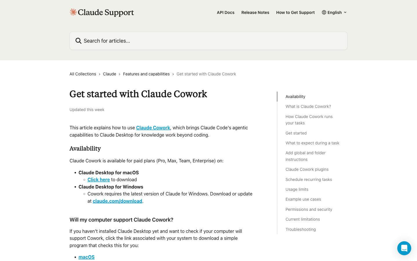 Claude Help Center 的 Cowork 入门页